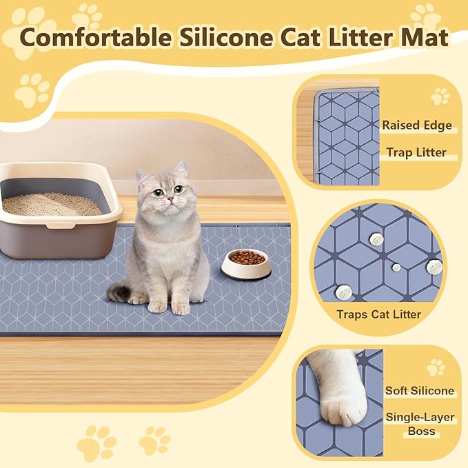 Cat Litter Mat Extra Large 34"x22" Silicone Waterproof Litter Trapping Mat for Litter Box, Non-Slip Urine-Proof Kitty Litter Box Mat with Deep Grooves, Easy Clean Scatter Control Pet Mat (Gray)