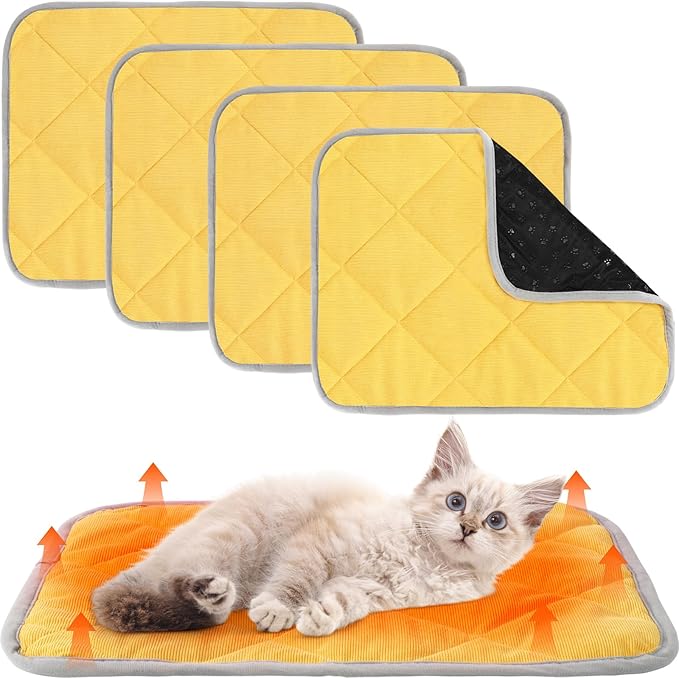 Novabright 4 Pack Self Warming Cat Bed Cat Dog Heating Pad Soft Warm Thermal Mat with Anti-Slip Bottom Dog Crate Pad for Outdoor Indoor Small Dogs Kittens(Turmeric Color,15.7 x 19.6 Inches)