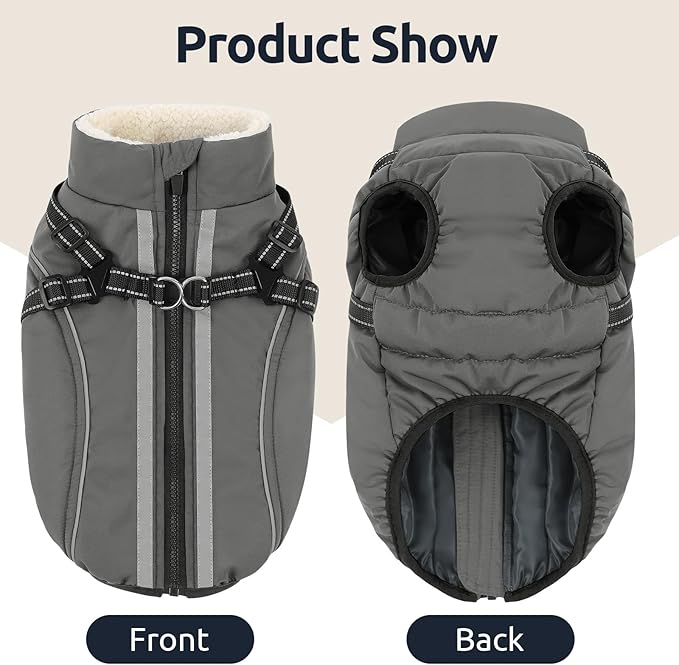Dog Winter Coat with Harness Built in Warm Puffer Dog Jackets for Small Medium Large Dogs Windproof Waterproof Outfit with Plush Lining and Reflective Stripes (Grey, L)