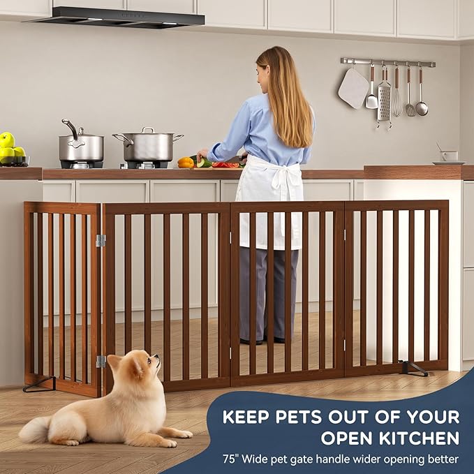 Homykic Bamboo Freestanding Dog Gate, No Assembly Pet Gate Indoor, 24”H x 75”W Extra Wide Foldable Puppy Barrier Fence with Support Feet for The House, Doorways Stairs, 4 Panels, No Drillings, Walnut