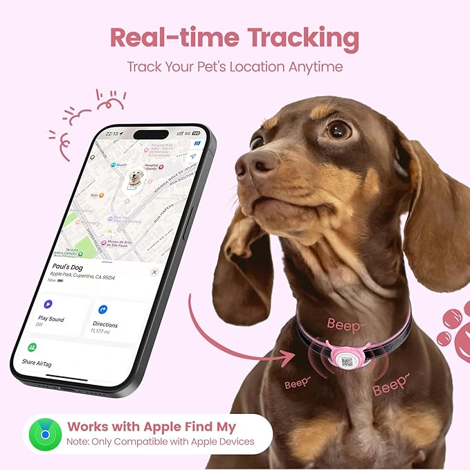 Smart Pet Tracker for Collar - Dog Trackers Location for Pet with Holder, No Monthly Fee, Real-Time Tracking, iOS Only, Emergency Contact, Long-Lasting, Anti-Lost Tracker for Cats, Bag Straps,Pink