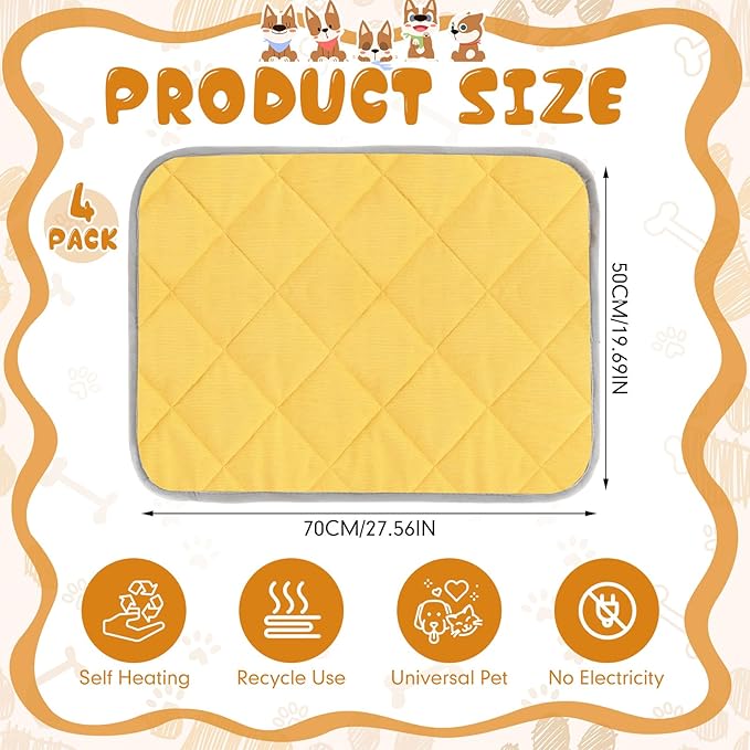 Novabright 4 Pack Self Warming Cat Bed Cat Dog Heating Pad Soft Warm Thermal Mat with Anti-Slip Bottom Dog Crate Pad for Outdoor Indoor Small Dogs Kittens(Turmeric Color,19.6 x 27.5 Inches)