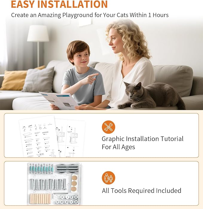 Made4Pets Cat Tree, Modern Cat Tree Tower for Indoor Cats - 65" Tall Wood Condo with Hammock, Scratching Post and Removable Pads for Small Large Cats, Beige