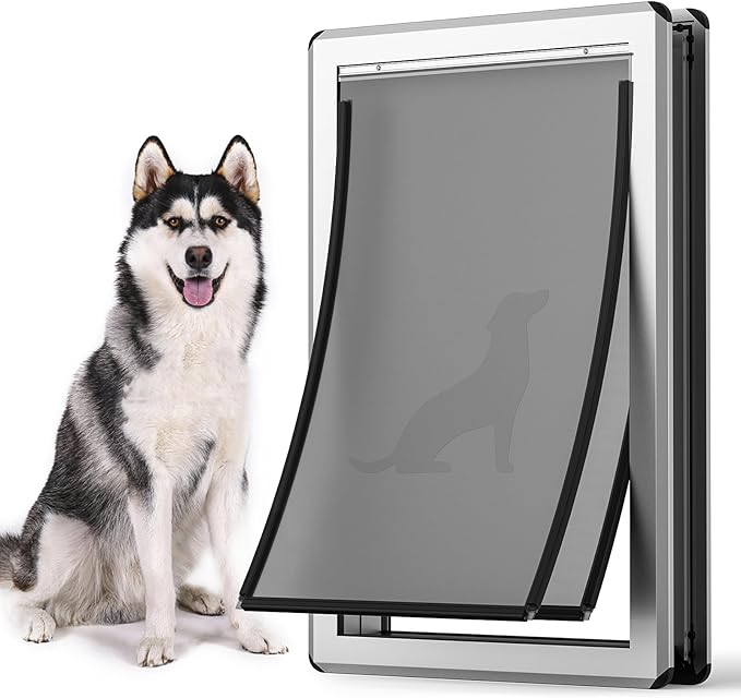 [Parab House] Aluminum XL Dog Door for Door, Open Size:24.4" H x 13.8'', Heavy Duty Doggy Door with Full Enclosed Magnetic Flaps,Extreme Weather Doggie Doors,Giant Doggie Door(Silver, XLarge)Pet Door