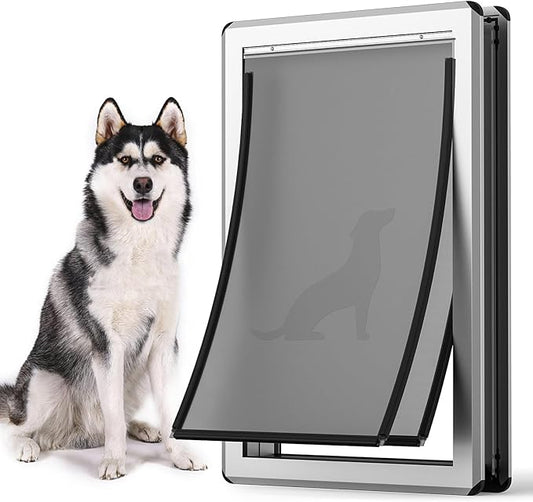 [Parab House] Aluminum XL Dog Door for Door, Open Size:24.4" H x 13.8'', Heavy Duty Doggy Door with Full Enclosed Magnetic Flaps,Extreme Weather Doggie Doors,Giant Doggie Door(Silver, XLarge)Pet Door