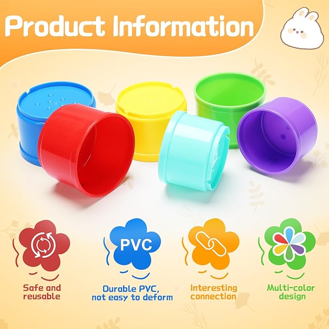 8 Pcs Stacking Cups for Rabbits - Safe Reusable Bunny Toys in Different Sizes, Durable Rainbow Colored Nesting Toys for Small Animals Bunny Hiding Food Playing Bunny Gifts