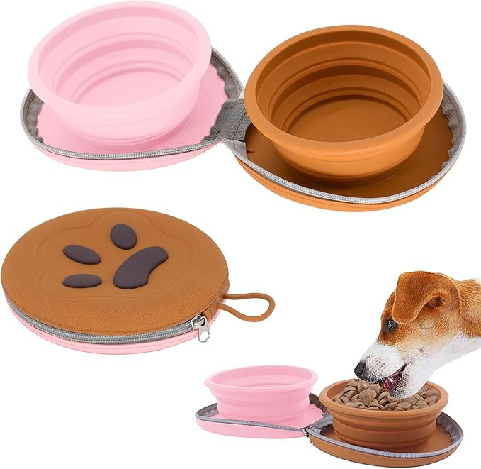 Collapsible Dog Bowls, 2-in-1 Pet Portable Travel Double Bowl Water Food Feeder Traveling Camping & Walking 25oz Brown Pink
