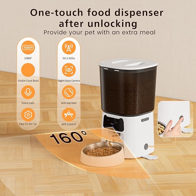 Automatic Cat Feeder with Camera, 4L WiFi Smart Pet Feeder with APP Control, 1080P HD Video, Night Vision,Voice Call, Motion Detection, Dual Power Supply, Stainless Steel Bowl,Supports 5GHz/2.4GHz