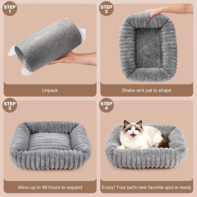 Cat Beds for Indoor Cats, Square Self Warming Cat Bed Orthopedic Pet Bed with Pillow Super Soft Rabbit Fur Small Dog Beds, Calming Plush Kitten Bed with Removable Washable Cover & Anti-Slip Bottom