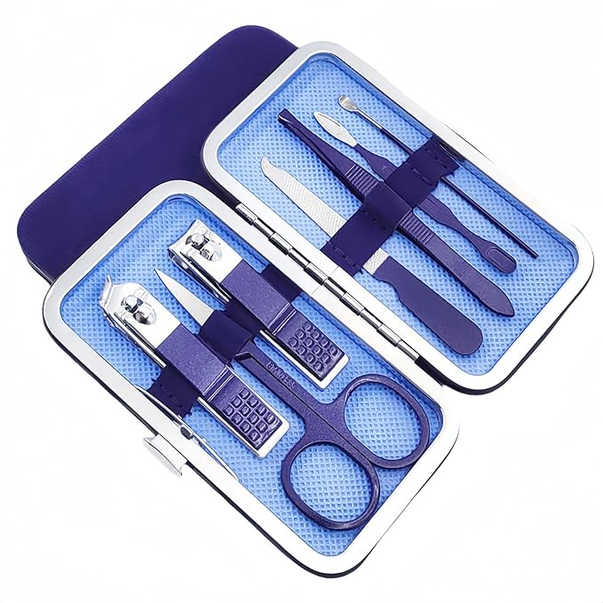 7pcs Manicure Set, Nail Clippers Kit, Stainless Steel Manicure Kit, Nail Clipping Tools Portable Travel Grooming Kit, The Best Gift with Luxurious Case (Blue)