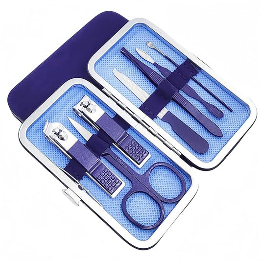 7pcs Manicure Set, Nail Clippers Kit, Stainless Steel Manicure Kit, Nail Clipping Tools Portable Travel Grooming Kit, The Best Gift with Luxurious Case (Blue)