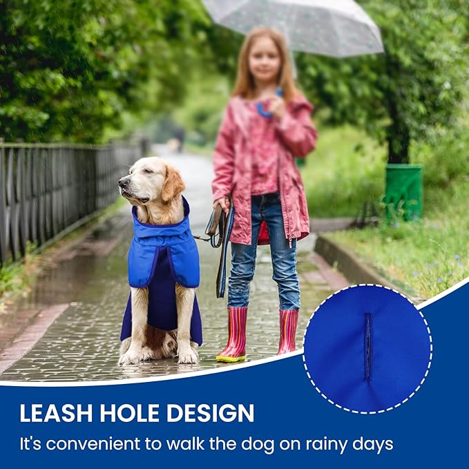 BRKURLEG Dog Raincoat Adjustable Dog Rain Jacket with Hood Dogs Waterproof Rainproof Jacket with Leash Hole Pet Poncho Rain Coat Poncho with Reflective Strip, Blue, S