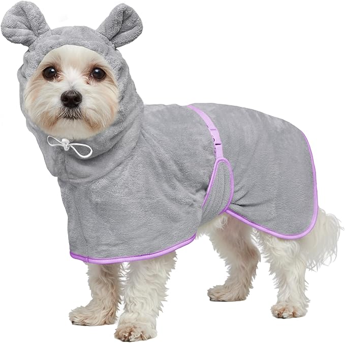 Dog Bathrobe Super Absorbent Towel Robe - Microfiber Bath Towels Fast Drying Coat for Dogs, Cute Dogs Clothes Adjustable Collar & Belly Strap Warm Keeping Hooded Dog Towel (Grey, Small)
