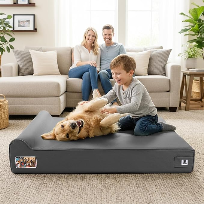 Sytopia XXL 50" Orthopedic Dog Bed – Outdoor 7" Thick Memory Foam Mattress with Pillow, Light Grey, Removable Washable Waterproof Liner – Ultimate Comfort for Extra Large Breed Dogs Over 100 Pounds