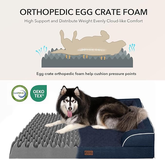 Orthopedic Dog Beds for Extra Large Sized Dogs, Waterproof Memory Foam XL Pet Bed with Sides 48x30Inch, Non-Slip and Egg-Crate Foam Big Dog Couch Bed with Removable Washable Cover, Navy Blue