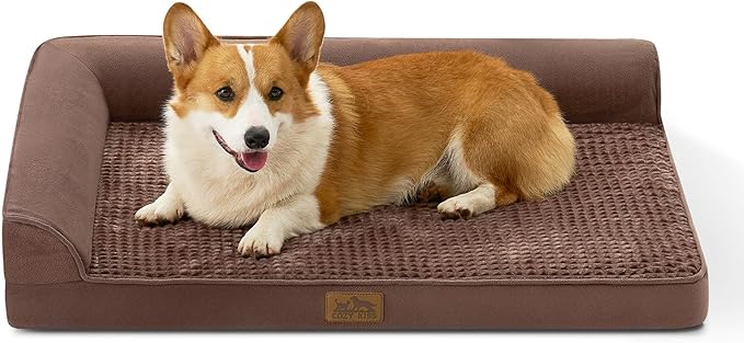 Orthopedic Dog Bed for Large Medium Size Dog, Dogs Crate Bed, L Shaped Foam Anti-Slip Bottom Pet Cat Sofa with Washable Removable Cover, Suitable for Pet Up to 75 lbs, 36x27x6.5 inch, Brown