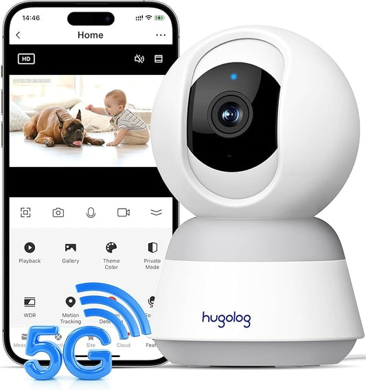 Hugolog 3K 5MP Indoor Pan/Tilt Security Camera with Auto-Focus,2.4 GHZ/5 GHZ,Ideal for Baby Monitor/Pet Camera,Starlight Color Night Vision,Human/Pet AI,Noise Reduction,US Cloud,Works with Alexa