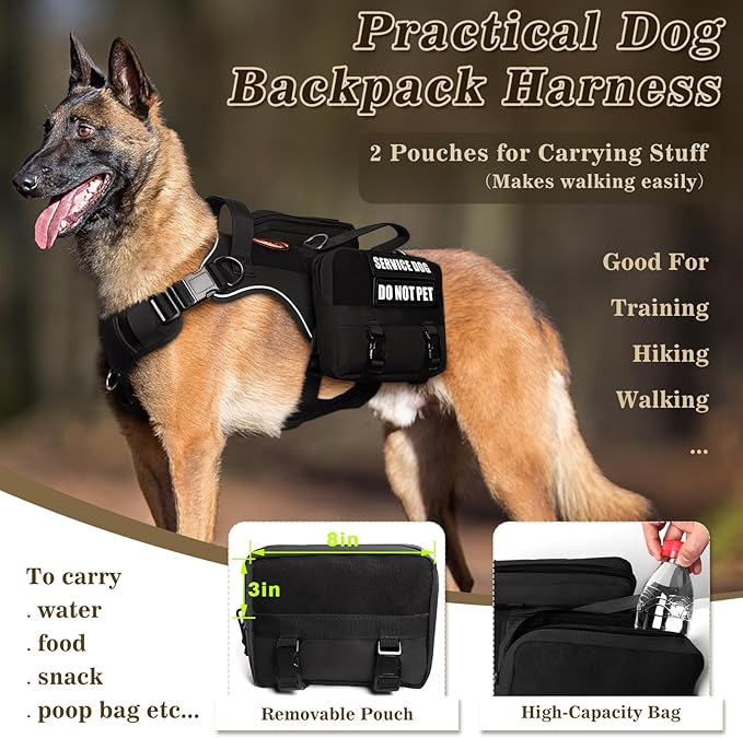 Service Dog Vest with Pockets,Medium Dog Harness and Removable Backpack for Training Hiking,Pet Vest with Handle&Molle System for Patches,Black M