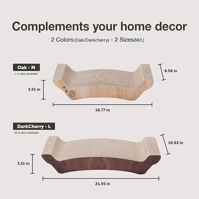 Necoichi Cardboard Cat Scratcher Bed for Indoor Cats - Cat Scratching Board, Horizontal Cat Scratch Pad Lounger with Reversible Usability and Extra Comfort for Lounge, Curved (22" Large, Dark Cherry)