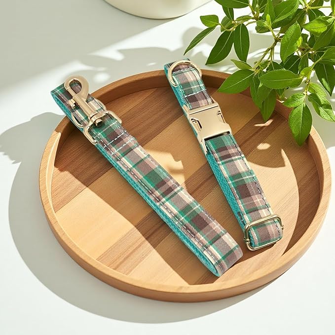 PETDURO Personalized Dog Collar Teal Brown Plaid for Large Medium Dogs | Engraved Name and Phone Number on Gold Metal Buckle for Boys & Girls | Add Leash & Bow Tie via Customize Now