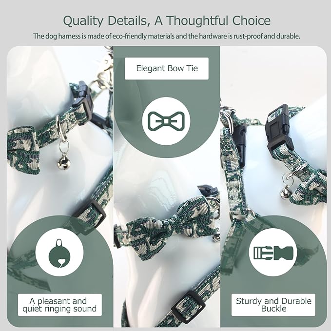 Dog Collar and Harness with Leash Set, Premium Breathable Harness for Girl Boy Dogs, No Pull Easy Walking Pet Harness, Green, L