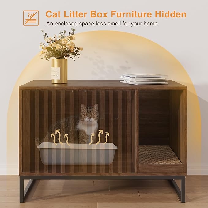 Cat Litter Box Enclosure, Modern Hidden Litter Box Furniture with Scratch Pad, Indoor Cat Washroom House End Table, Entryway Bench for Livingroom (Walnut)