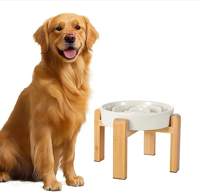 Elevated Slow Feeder Dog Bowl - Ceramic Food Dish with Bamboo Stand - Raised Maze Design - Ideal for Medium to Large Dogs - Milky White - 8.4 inch