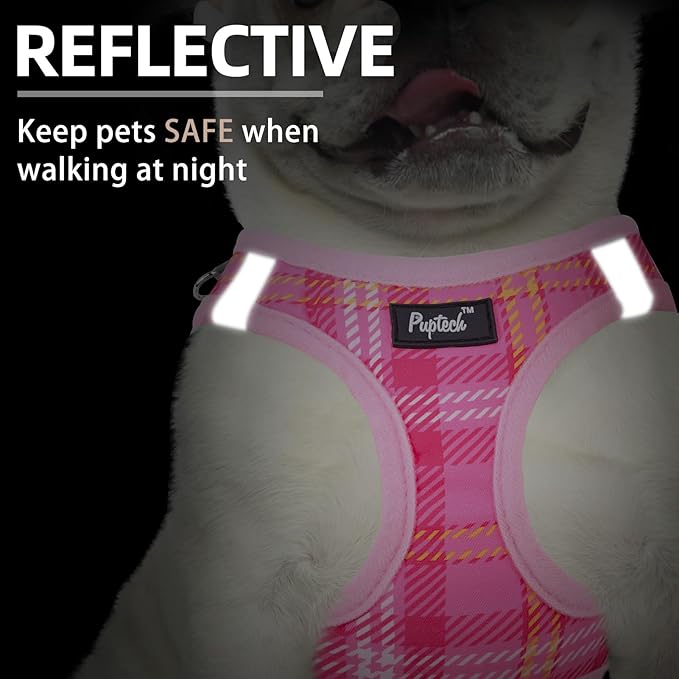 PUPTECK Dog Harness and Leash Set for Small Medium Dogs No Pull Step-in Soft Mesh Puppy Cat Vest Harnesses Reflective at Night, Plaid Pattern Pink M