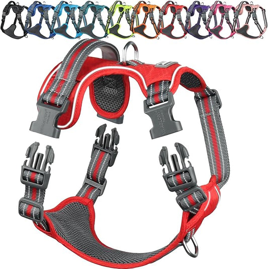 VIVAGLORY Dog Harness Easewalk No Pull Dog Harness with Handle & Front Back Clip for Training Lifting, Easy On Adjustable Padded No Pull for Pet & Puppy, XL, Red