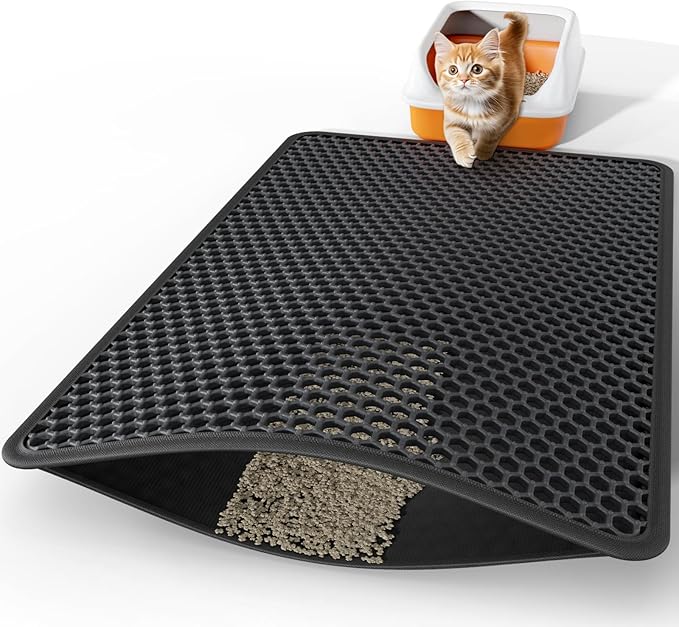 Cat Litter Mat - 46" x 35" Jumbo Litter Box Mat with Double Layers, Urine-Proof and Non-Slip Litter Trapping Mat, Easy to Clean Kitty Litter Mats for Floor, Scatter Control, Black