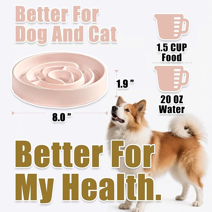 Ceramic Slow Feeder Dog Bowls with Anti-Slip, Slow Feeder & Non-Slip Design, Boredom and Anxiety Reducer, Suitable for All Breed Dogs and Cat (Ceramic-Pink)