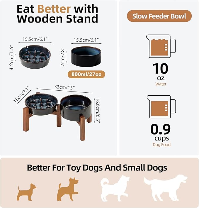 Ceramic 0.9 Cup Raised Slow Feeder Dog Food and Water Bowl Set, Elevated 6.1inch Bowl and 6.1inch Dish with Acacia Wood Stand for Small Dogs (2 x Starry Sky+ Stand)
