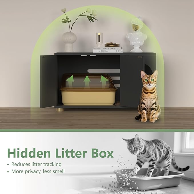 Cat Litter Box Enclosure Furniture, Modern Stackable Litter Box Cabinet with Cat Scratch Mat, Side Table (Black)