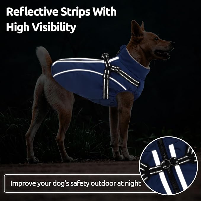 Dog Winter Coat with Harness Built in Warm Puffer Dog Jackets for Small Medium Large Dogs Windproof Waterproof Outfit with Plush Lining and Reflective Stripes (Blue, 2XL)