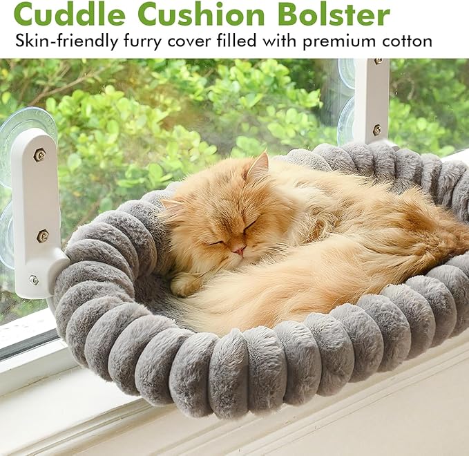 Cat Window Perch with Bolster, Cordless Foldable Cat Window Hammock with Strong Suction Cups & Metal Frame, Machine Washable Pet Bed for Indoor Cats (Gray, Medium)