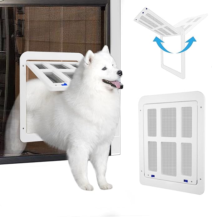 NAMSAN Dog Screen Door, Flap Opening 11.2 x 14.4 inches, Dog Door for Screen Door, Large Pet Door for Sliding Door Magnetic Self-Closing, Screen Door with Doggie Door Built in, Lockable, White