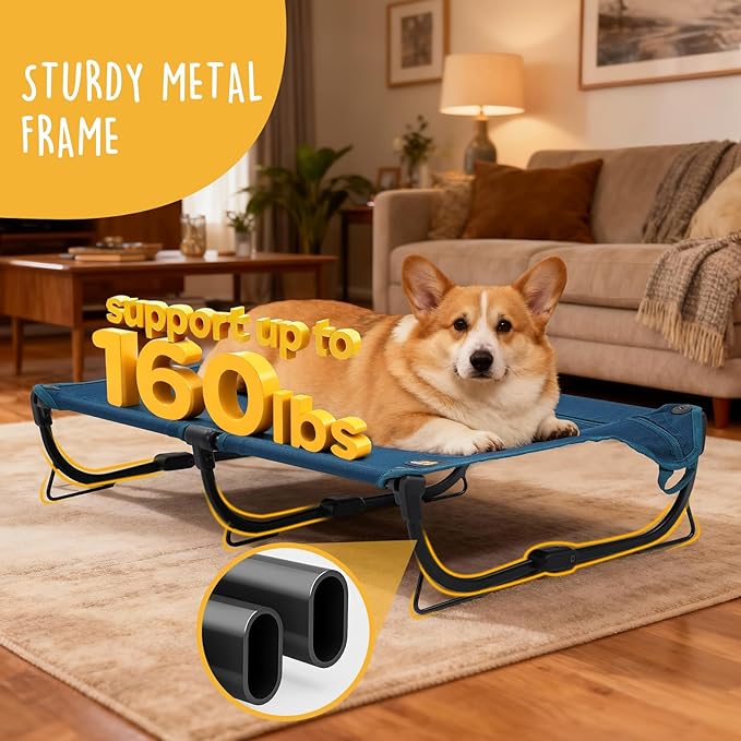 Daisy Cot, Medium Foldable Elevated Dog Bed, Portable Raised Outdoor Folding Dog Cot, Cooling, Chew Proof, Waterproof, Heavy Duty Up to 160 Lbs for Camping/Home, Dark Blue, 32"x 19"x6"