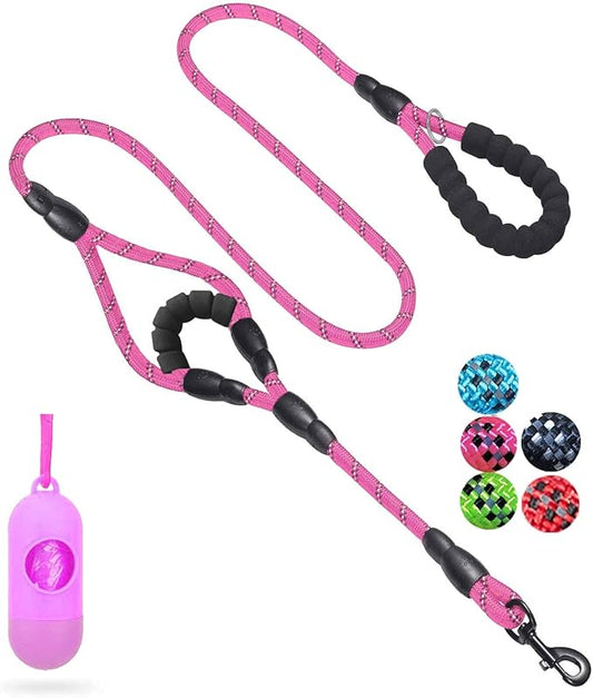JSXD 5 FT Heavy Duty Double Handle Dog Leash with Comfortable Padded and Reflective Rope, for Small, Medium, Large Dogs (Rope-Pink)