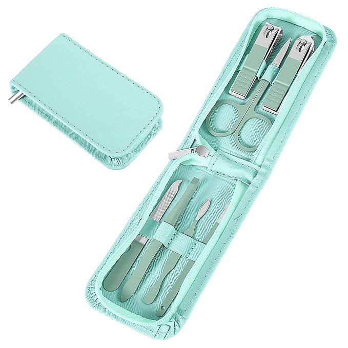 7 Pcs Manicure Pedicure Set Stainless Steel Nail Clippers Pedicure Kit Professional Nail Care Beauty Tools with Portable Zipper Pack Travel Essentials Manicure Pedicures Kit for Men and Women (Green)