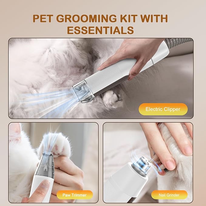 Dog Grooming Vacuum, Dog Grooming Kit with Pet Clipper Nail Grinder, 6 Pet Grooming Tools (Beige)