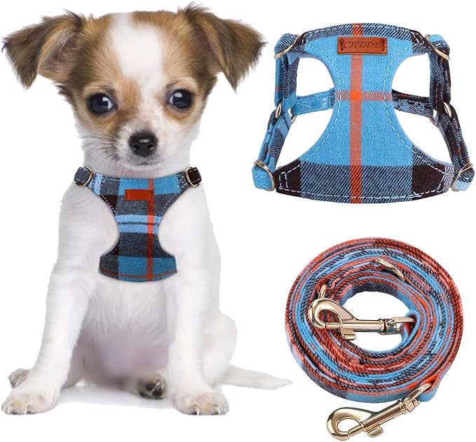 CHEDE No Pull Puppy Harness and Multifunction Dog Leash Set- 8 Colors Soft Adjustable No Choke Escape Proof Cute,Lightweight Pet Vest Harness for Small and Medium Dog (XS, Blue Grid)