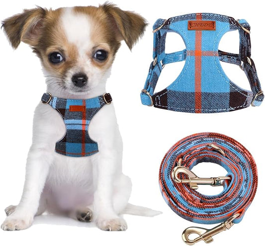 CHEDE No Pull Puppy Harness and Multifunction Dog Leash Set- 8 Colors Soft Adjustable No Choke Escape Proof Cute,Lightweight Pet Vest Harness for Small and Medium Dog (XXS, Blue Grid)