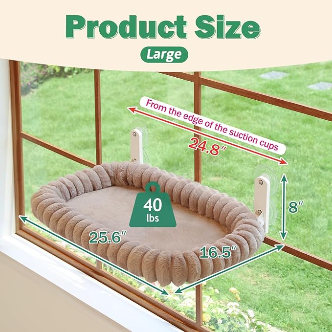 Zakkart SnugCloud Foldable Cat Window Perch - Cordless, Ultra Soft Machine Washable Bed with 4-Sided Bolster, Metal Frame - Window Hammock for Large Cats and Kittens (Brown, Large)