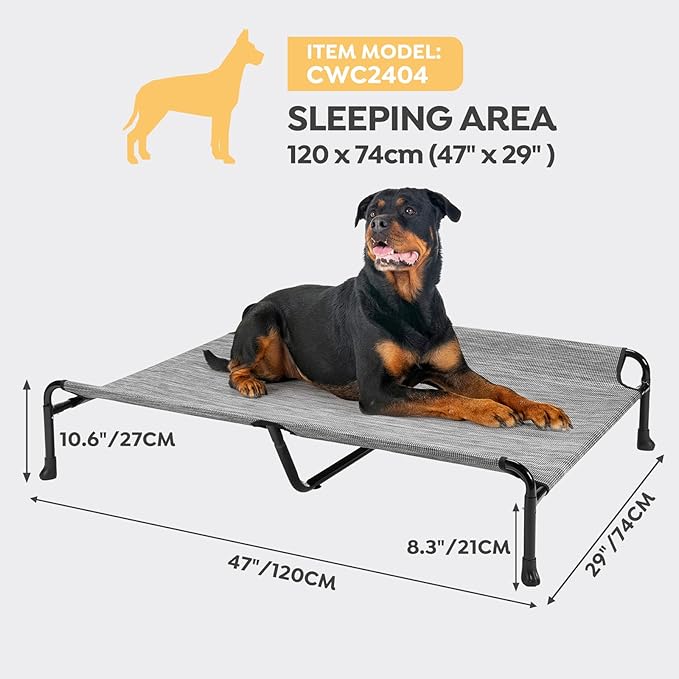 Veehoo Elevated Dog Bed, Raised Dog Cots for Large Dogs, Waterproof Outdoor Dogs Bed, Cooling Pet Hammock with Guardrail, Upgraded Non-Slip Feet, Breathable Teslin Mesh, Black Silver, 47x 29 inches