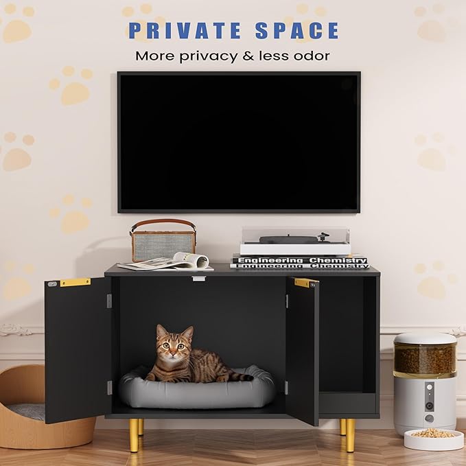Litter Box Enclosure, Cat House Litter Box Furniture Hidden with Scratching Mat, Modern Cat Washroom Indoor, Side End Table, Storage Cabinet Bench for Living Room, Bedroom, Black