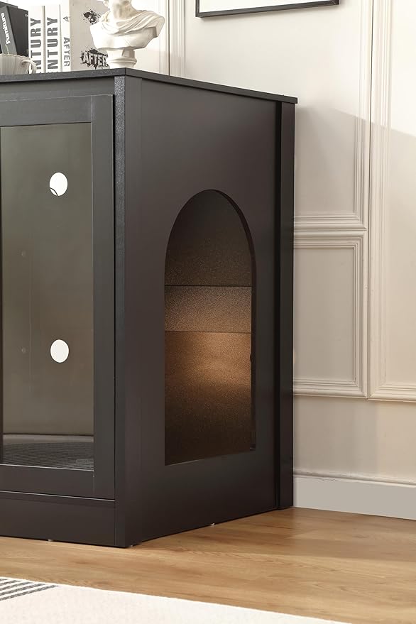 Cat Litter Enclosure with Cat-Observant Glass Doors,Litter Box Cabinet with Cozy LED for Cats,Reversible and Optional Entry(Left or Right),Power Outlet for More Choice,Black