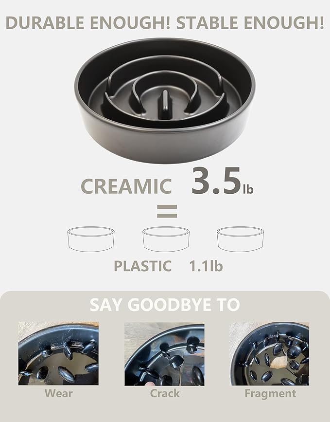 Ceramic Slow Feeder Bowls for Large Dogs, 3.0 Cups Slow Feeder for Fast Eaters, 48oz, 10in, Black