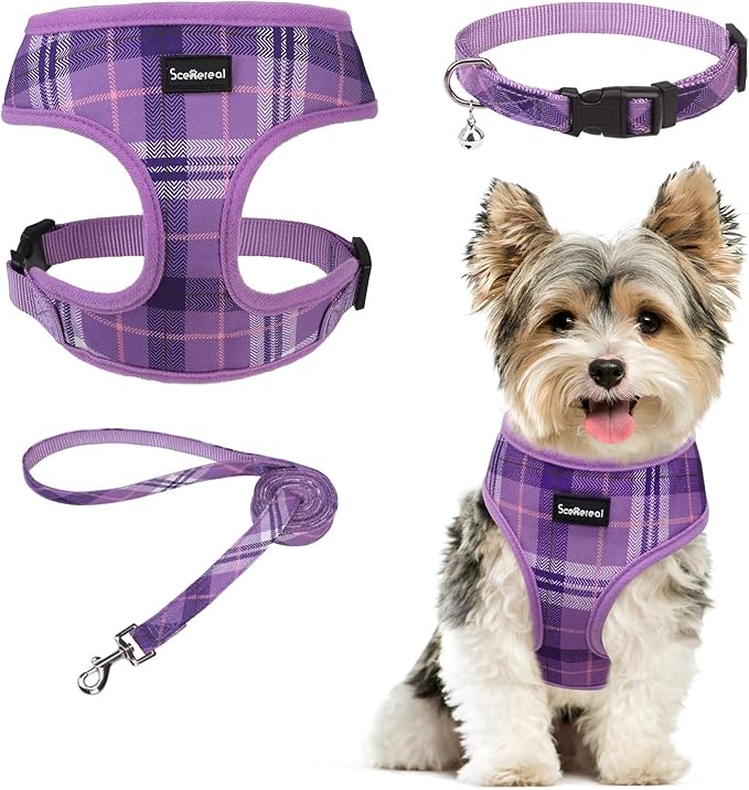 SCENEREAL No Pull Dog Harness Collar and Leash Set Small Medium Sized Dog, Soft Mesh Step in Puppy Harnesses, No Chock Plaid Adjustable Pet Vest for Outdoor Walking Training and Running, Purple XS