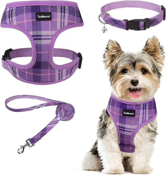 SCENEREAL No Pull Dog Harness Collar and Leash Set Small Medium Sized Dog, Soft Mesh Step in Puppy Harnesses, No Chock Plaid Adjustable Pet Vest for Outdoor Walking Training and Running, Purple XS
