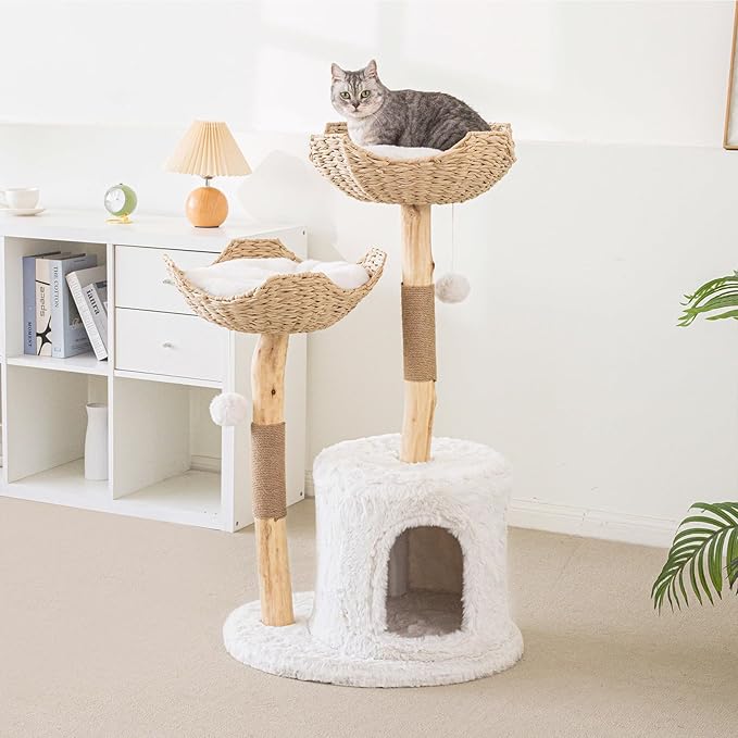 Modern Cat Tree for Indoor Cats Large Adult, 46.5" Tall Wooden Cat Tower for Large Cats with Scratching Post, Luxury Cat Condo, White